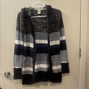 ROXY 100% Cotton Black and Gray Striped Hooded Cardigan
